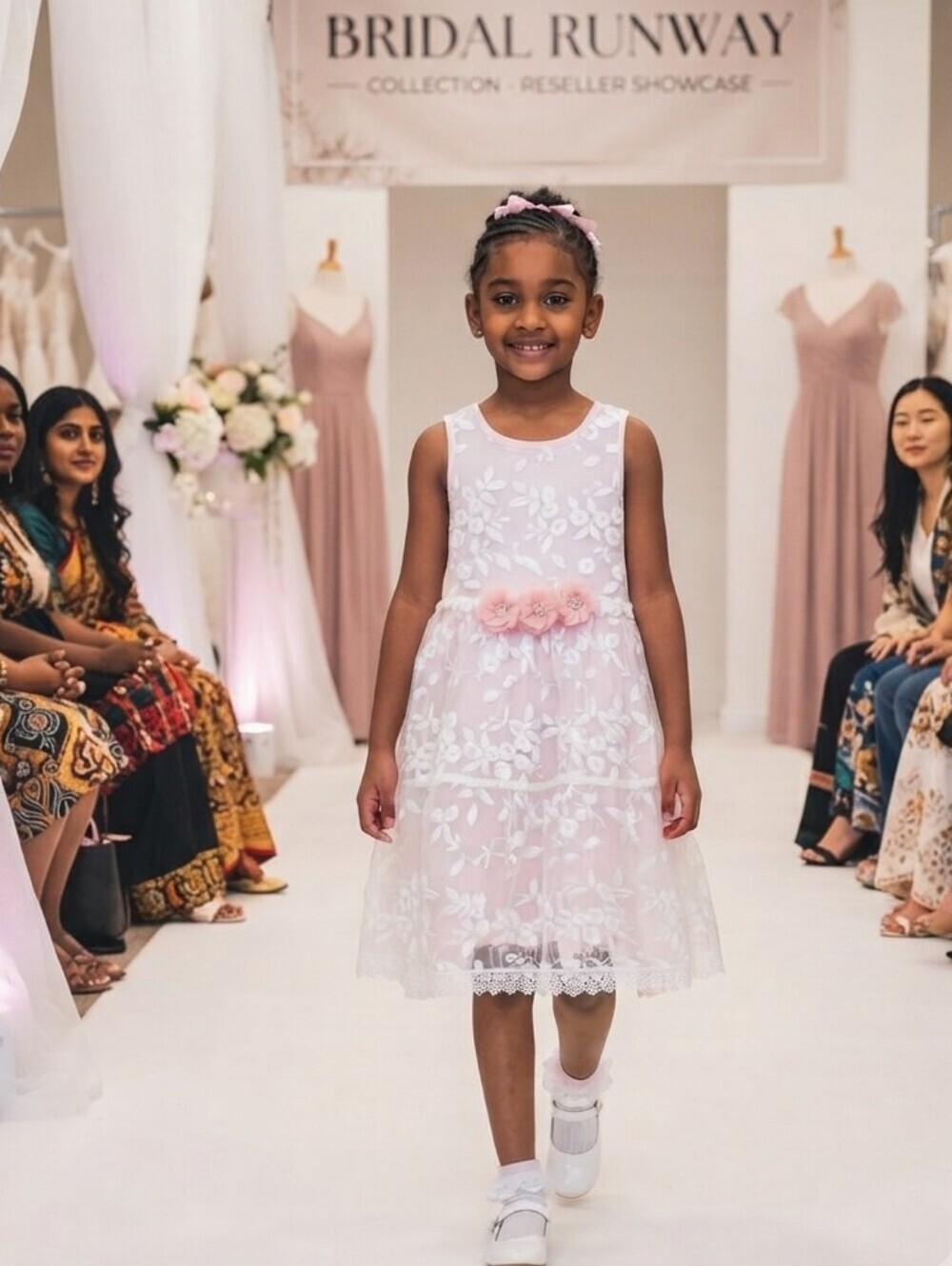 Girls Pink Floral Lace Party Dress with Rosette Waistband